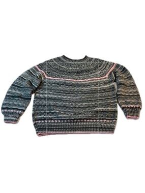 Vintage Handmade Grey Marled Knit Sweater Pink Stripe Accent M